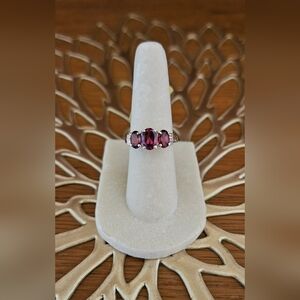 Rhodolite Garnet 3 Stone Ring Set In 925 Sterling Silver